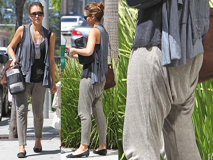 Jessica Alba balances motherhood and style while managing a parking meter and enjoying a lunch outing with her daughter at Nate 'n Al of Beverly Hills Delicatessen in Los Angeles, showcasing the real-world functionality of drop-crotch pants