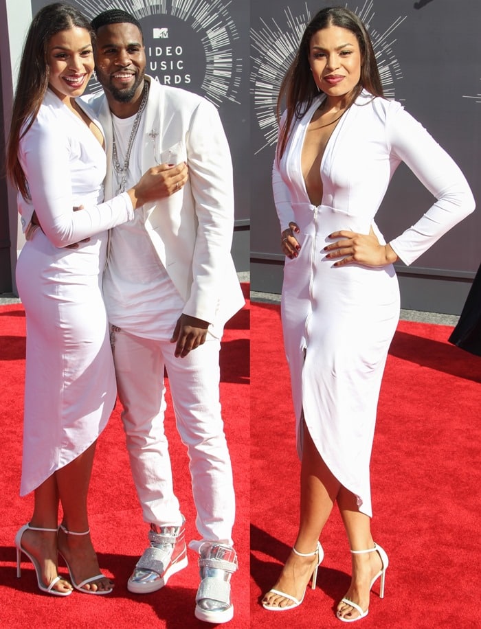 Jordin Sparks donned a white FM dress by Simply Intricate featuring a simple silhouette, a plunging neckline, and a cinched waist