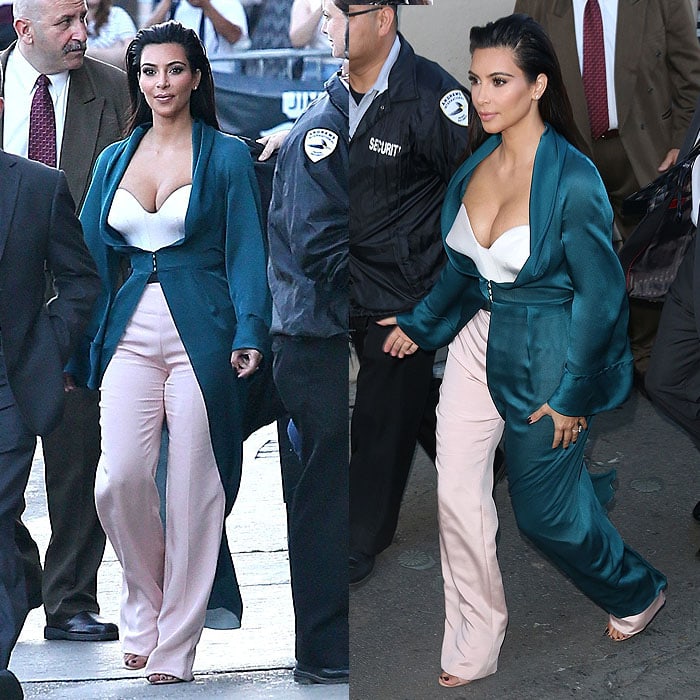 Kim Kardashian wore a white bustier, emerald green silk jacket, and pink trousers from Ulyana Sergeenko's Spring 2014 Couture collection