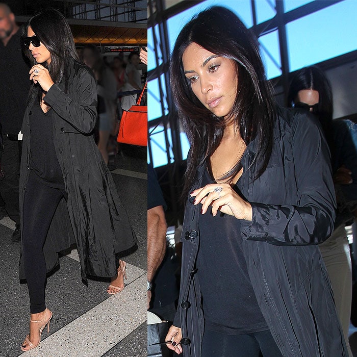 Kim Kardashian in an all-black outfit accented with nude heels for her flight