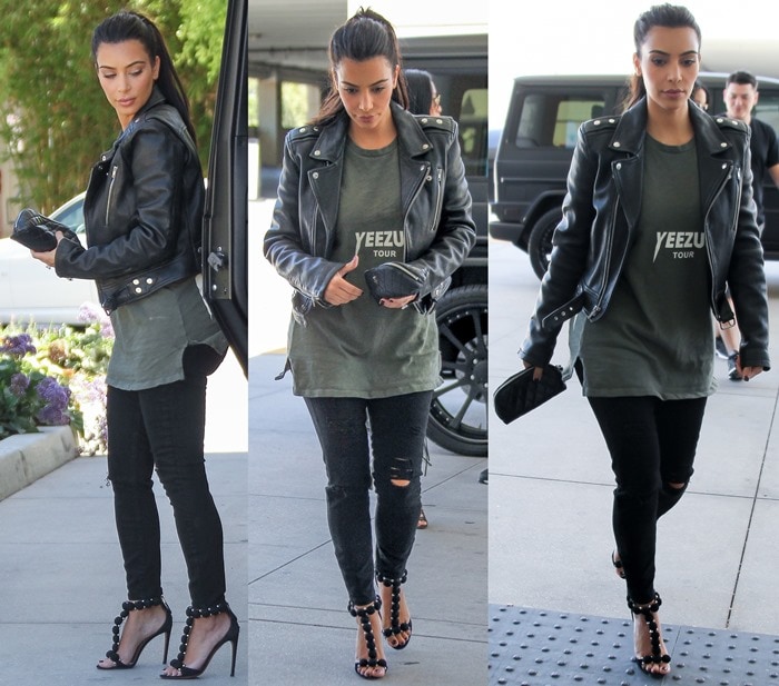 Kim Kardashian styled her glazed leather jacket with Paige Hoxton Jeans in Black Destructed
