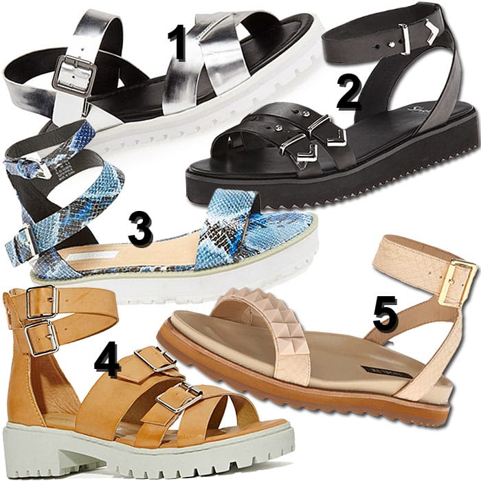 1. Kelsi Dagger "Stars" Quarter-Strap Sandals, $99.95 / 2. Shellys London "Portneuf" Sandals, $100 /3. Topshop "Free Tread" Sandals, $65–$76 / 4. Rachel Zoe "Finley" Sandals, $255/ 5. Dirty Laundry "Lilybelle" Sandals, $59.99