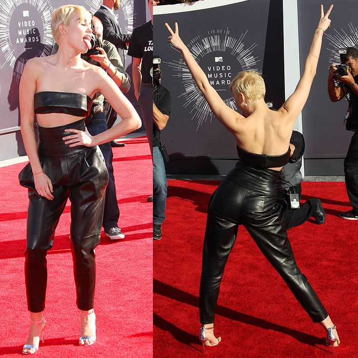 Miley Cyrus couldn't help but ham it up for the cameras and the crowd in an Alexandre Vauthier Fall 2014 couture leather bandeau and pleated high-waisted pants