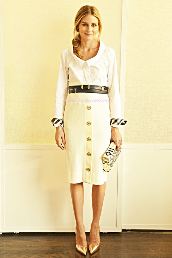 Olivia Palermo styled a white Burberry top with a Diane von Furstenberg skirt