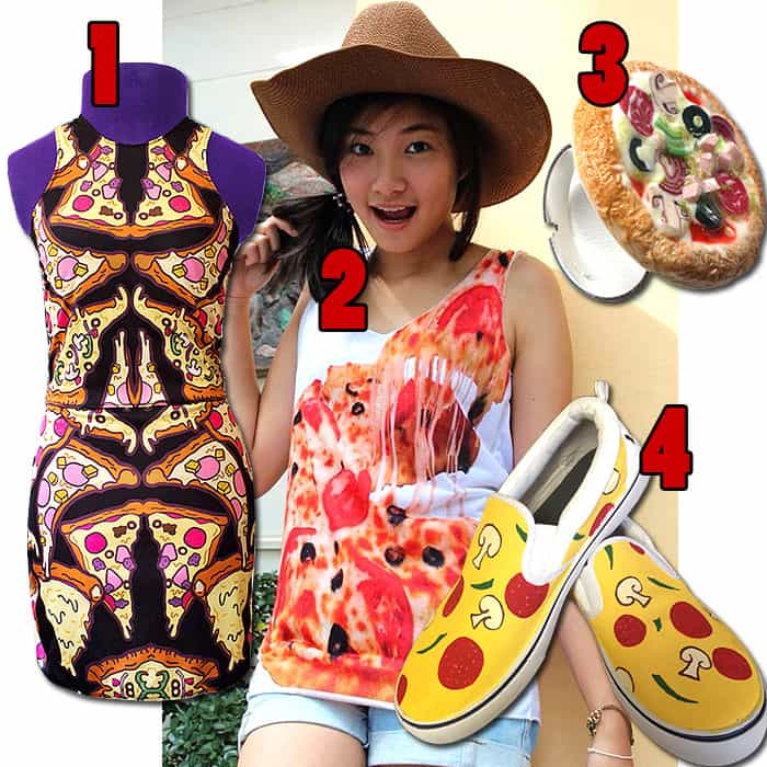 1. 100SugarFree Two-Piece Pizza Dress, $85 / 2.IndiePunkRock's Pizza-Print Sleeveless Top, $12.99 / 3.SilviaOrtizDeLaTorre's Pizza Ring, $15 / 4. DweidiggCreations' Custom-Painted Pizza Slip-On Sneakers, $35