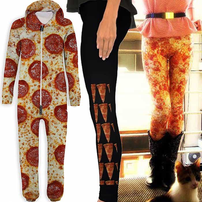 Beloved "Pizza Belovesie" Hooded Jumpsuit, $99 / Candykerosene's Pizza-Slice-Print Leggings, $29.95 / Eatmeclothing on Etsy's Pizza Leggings, $56