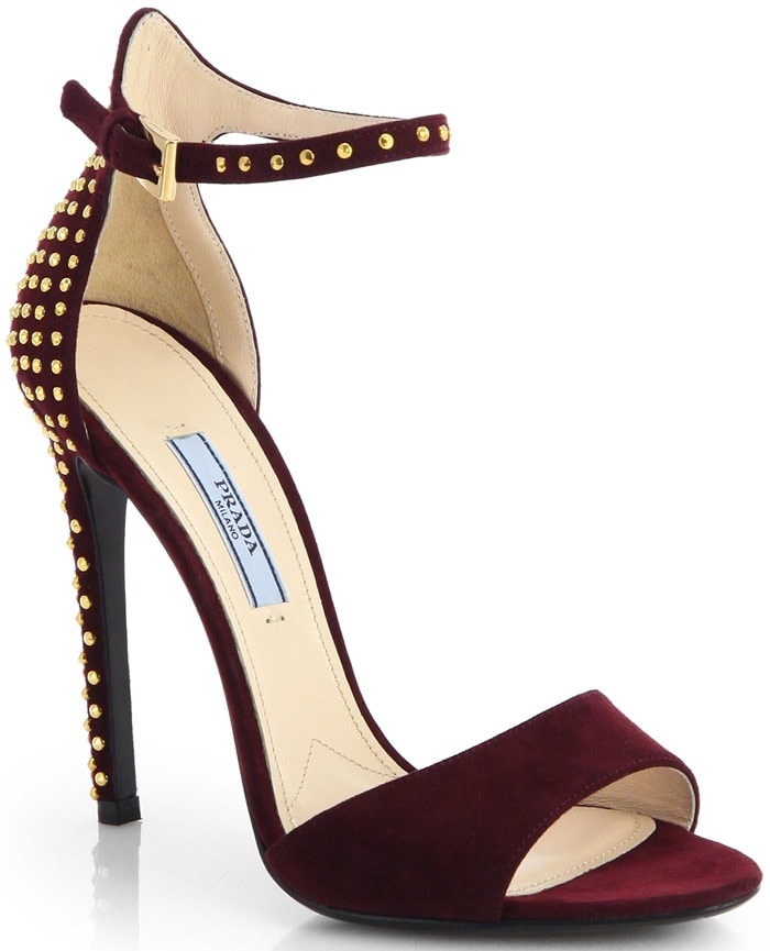 Prada Studded Suede Ankle-Strap Sandals in Red