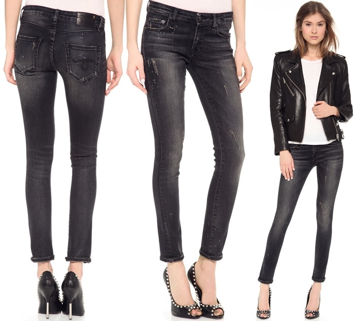 Shredded spots and bleach spatters lend a lived-in look to faded skinny jeans