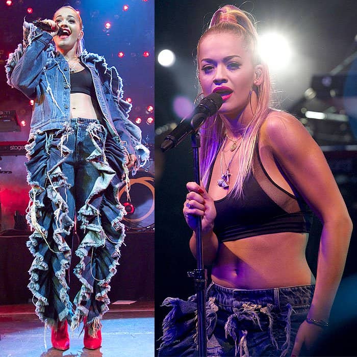 Rita Ora rocks a ruffled denim jacket and pants during her performance at Joy Eslava Club in Madrid