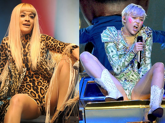 Rita Ora and Miley Cyrus with legs-spread-wide