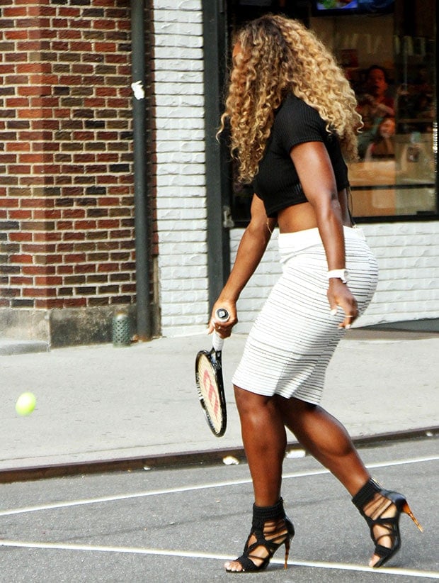 Serena Williams playing tennis with David Letterman outside the Ed Sullivan Theater in New York City on August 20, 2014