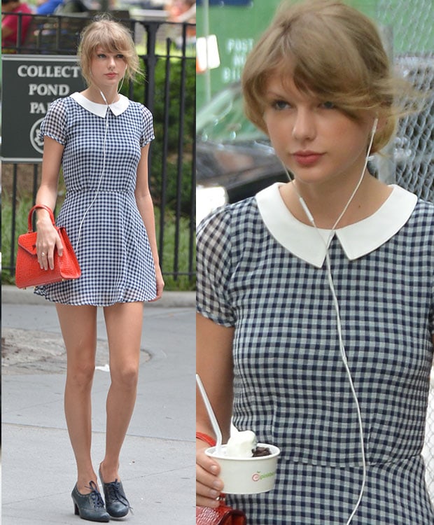 Toting a Hayden Lasher Élene Belgian bag, Taylor Swift flaunted her legs in a Lucca Couture gingham collared dress from Urban Outfitters