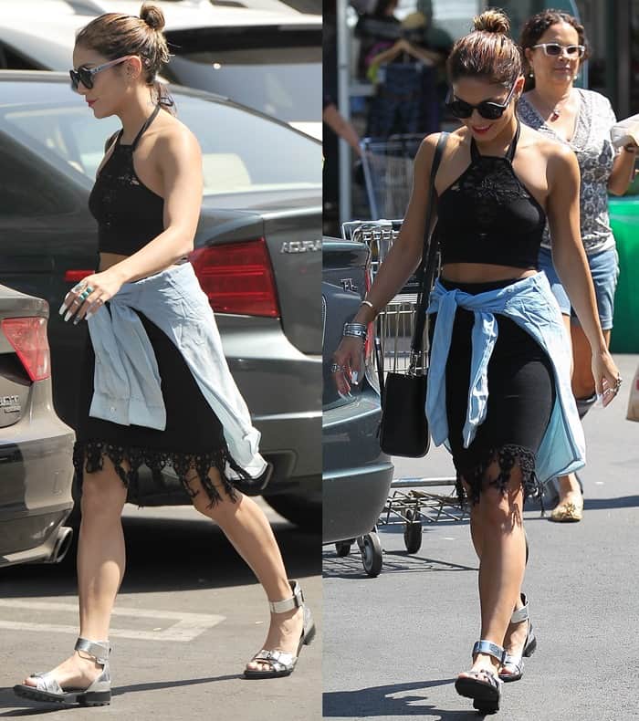 Vanessa Hudgens rocks a boho-chic outfit with a lacy crop halter top, fringe skirt, and silver lug-sole sandals while shopping at Whole Foods