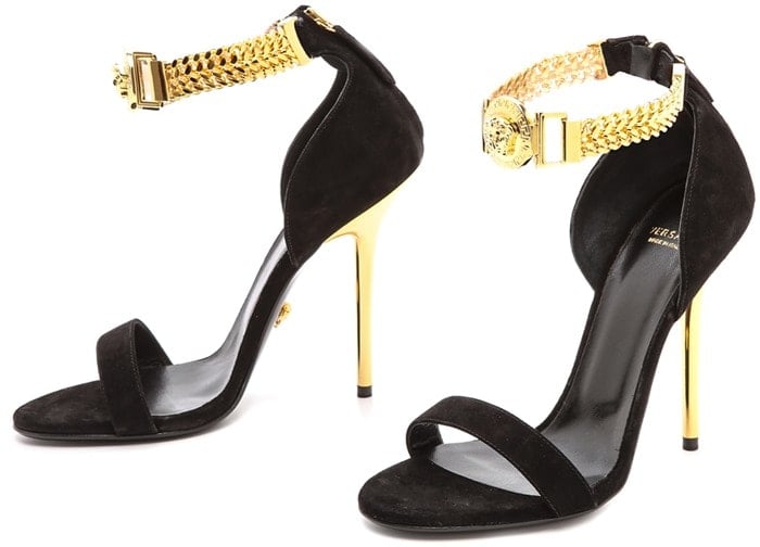 A chunky gold-tone ankle chain and Medusa medallion bring signature allure to these suede Versace sandals