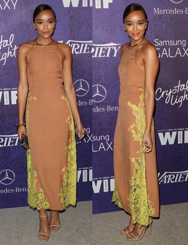 Ashley Madekwe stuns in the Wes Gordon dress paired with Stuart Weitzman 'Nudist' sandals at Variety's pre-Emmy party