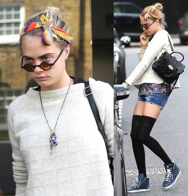 Cara Delevingne runs errands in London while wearing a headscarf and sweater