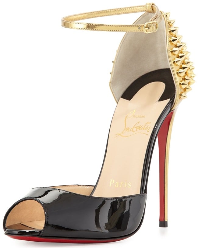 Christian Louboutin "Pina Spike" Patent & Metallic Open-Toe Sandals in Black/Gold