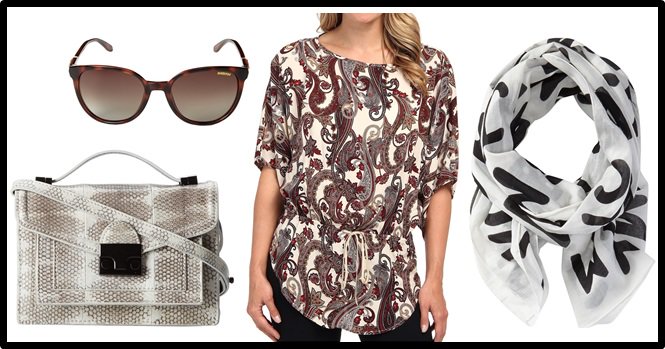 MARC by Marc Jacobs Adults Suck Logo Scarf, $98 / Karen Kane Baroque Paisley Drawstring Top, $118 / Loeffler Randall Mini Ryder Bag, $495 / Smith Optics Cheetah Sunglasses, $119