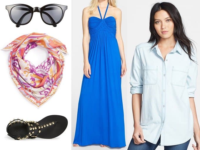 Sunpocket Samoa 50mm Foldable Sunglasses, $110 / Ash Oasis Studded Ankle Strap Sandals, $195 / Sky Lanikai Halter Jersey Maxi Dress, $188 / Hinge Boyfriend Chambray Shirt, $68