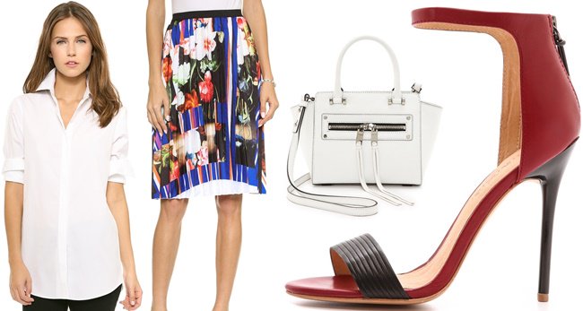 Recreate Reese Witherspoon's chic look with a crisp white button-up shirt, a vibrant floral print skirt, a stylish white handbag, and elegant two-tone ankle-strap heels