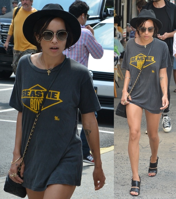 Zoe Kravitz wearing a long t-shirt over her short denim cutoffs