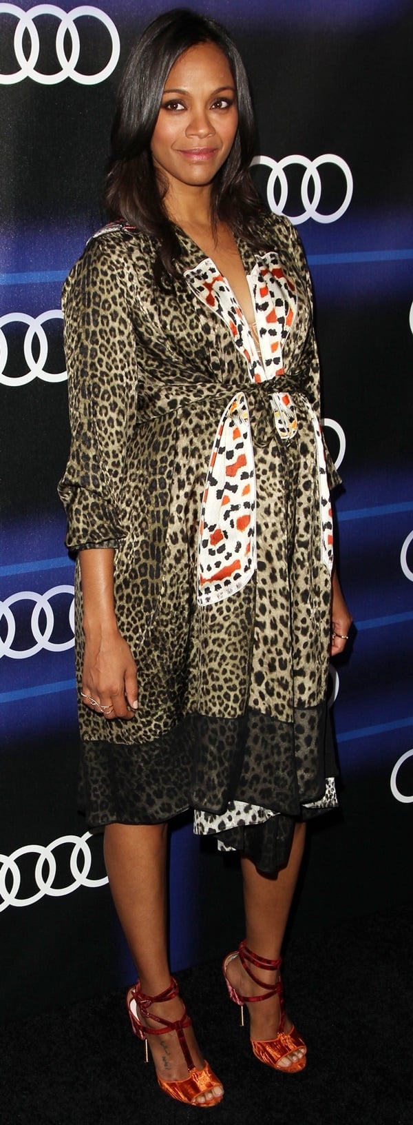 Zoe Saldana accessorized a silk leopard-print dress with a pair of Givenchy's standout "Marzia" sandals