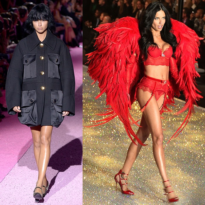 Adriana Lima’s transformation from the Marc Jacobs Spring 2015 runway at NYFW on September 11, 2014, to the iconic 2013 Victoria’s Secret Fashion Show at the Lexington Armory in New York on November 14, 2013