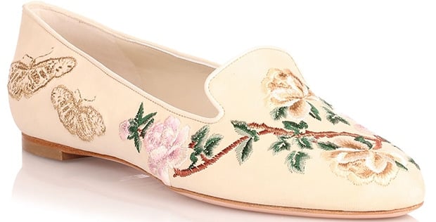 Alexander McQueen Floral-Embroidered Cream Suede Flats