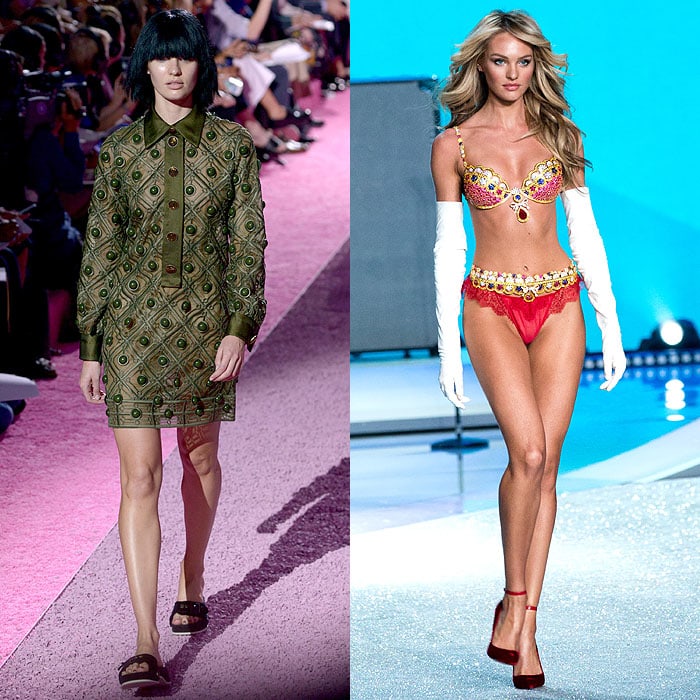 Candice Swanepoel's dramatic transformation from Marc Jacobs' edgy, oversized military-inspired look to her dazzling, embellished lingerie ensemble on the Victoria’s Secret runway
