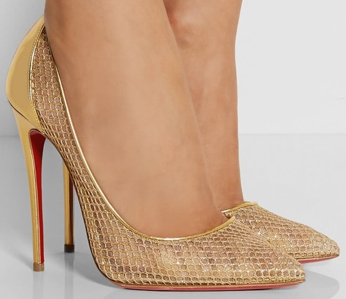 Christian Louboutin Gold Follies Resille 120 Metallic Leather and Fishnet Pumps