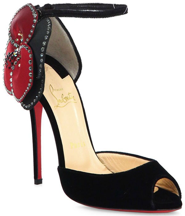 Christian Louboutin "Pensamoi" Rose Ankle-Strap Sandals in Black Velour