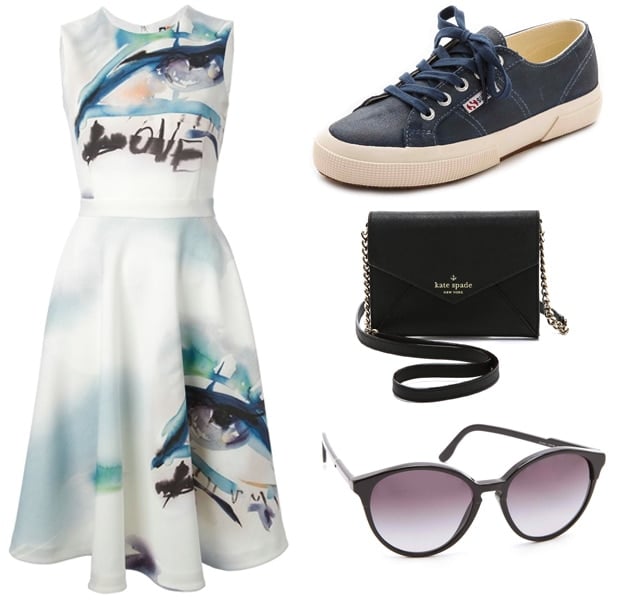 MSGM watercolor print dress paired with Superga waxed suede sneakers, Kate Spade New York cross-body bag, and Stella McCartney oversized sunglasses for a complete look