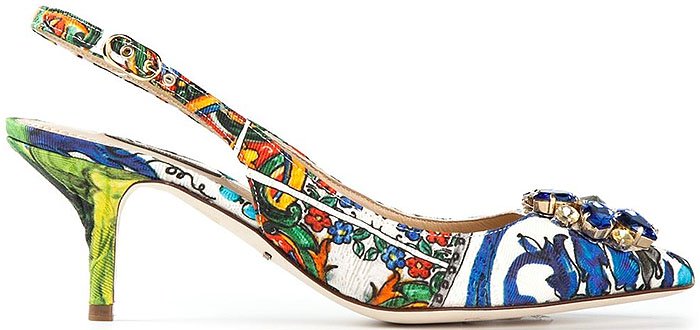 Crystal-Flower-Printed Slingback Pumps