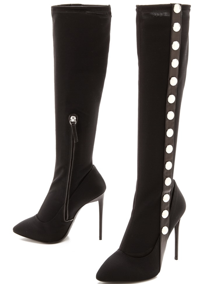 Polished silver-tone snaps run up the side of these sexy knee-high Giuseppe Zanotti boots, which have a sleek fit in stretch mesh.