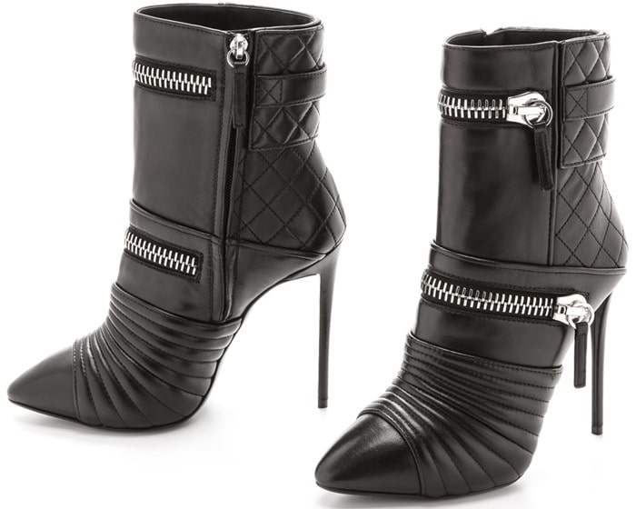 Quilted leather and chunky, silver-tone zips lend a moto edge to these sleek, pointed-toe Giuseppe Zanotti boots