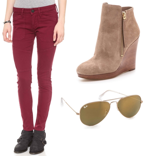 True Religion Brisbane mid rise surplus skinny pants paired with MICHAEL Michael Kors Clara suede wedge booties and Ray-Ban mirrored original aviator sunglasses for a vibrant and stylish outfit
