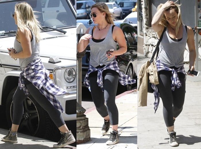 Hilary Duff styled cropped charcoal leggings with a plaid white-and-purple shirt by Rails Hunter