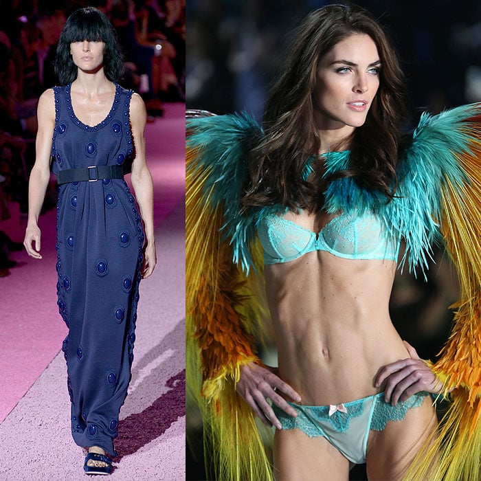 Hilary Rhoda’s bold shift from Marc Jacobs’ embellished, floor-length gown to her vibrant, feathered lingerie look on the Victoria’s Secret runway
