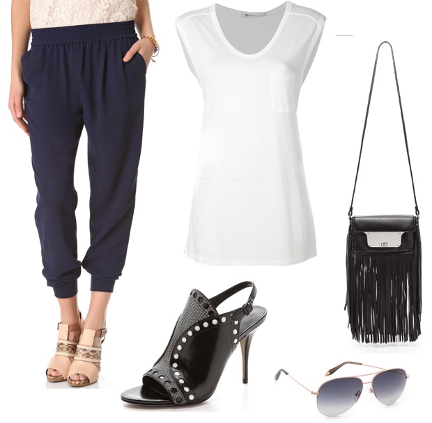 Joie Mariner pants with Alexander Wang Natalya slingback sandals and long T-shirt, complemented by Milly Isabella fringe bag and Victoria Beckham petite aviator sunglasses for a casual-chic vibe