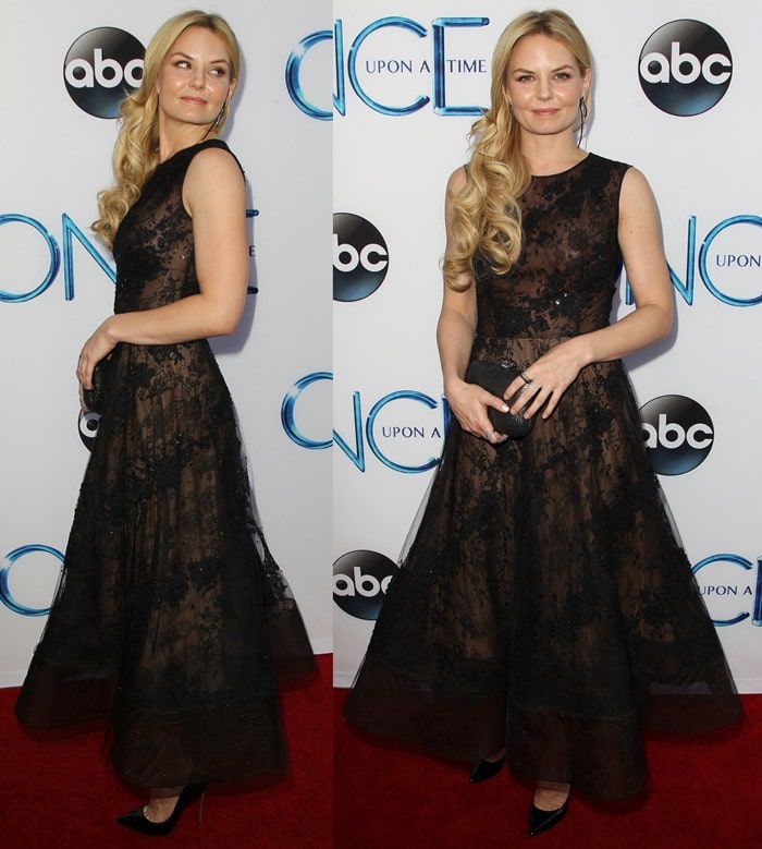 Jennifer Morrison attended the Once Upon a Time premiere in a sleeveless, lace-embroidered Oscar de la Renta tulle dress, paired with Casadei Blade pumps and a Rodo metallic clutch