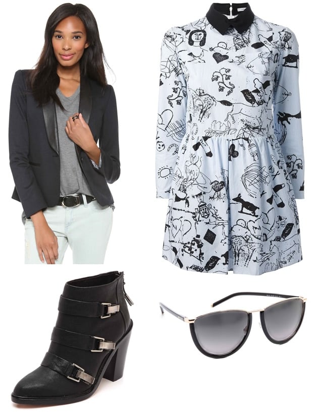 James Jeans Ponte combo blazer matched with Carven striped tattoo print dress, L.A.M.B. Toby buckle booties, and Jimmy Choo Mila sunglasses for an edgy yet sophisticated outfit