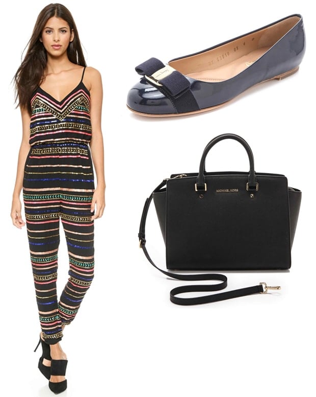 Mara Hoffman sequin jumpsuit combined with Salvatore Ferragamo Varina patent ballet flats and MICHAEL Michael Kors Selma large TZ satchel for a sophisticated and trendy look