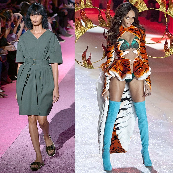 Joan Smalls’ striking transformation from Marc Jacobs’ minimalist, utilitarian dress to her fierce, tiger-inspired outfit with vibrant thigh-high boots on the Victoria’s Secret runway