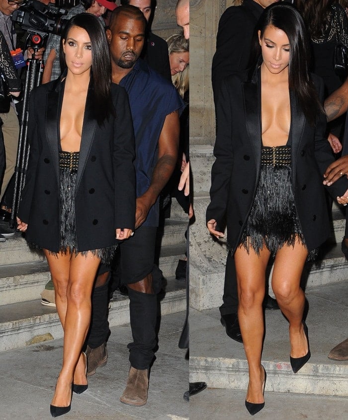 Kim Kardashian left little to the imagination in a feather-fringe miniskirt by Lanvin paired with a black blazer coat