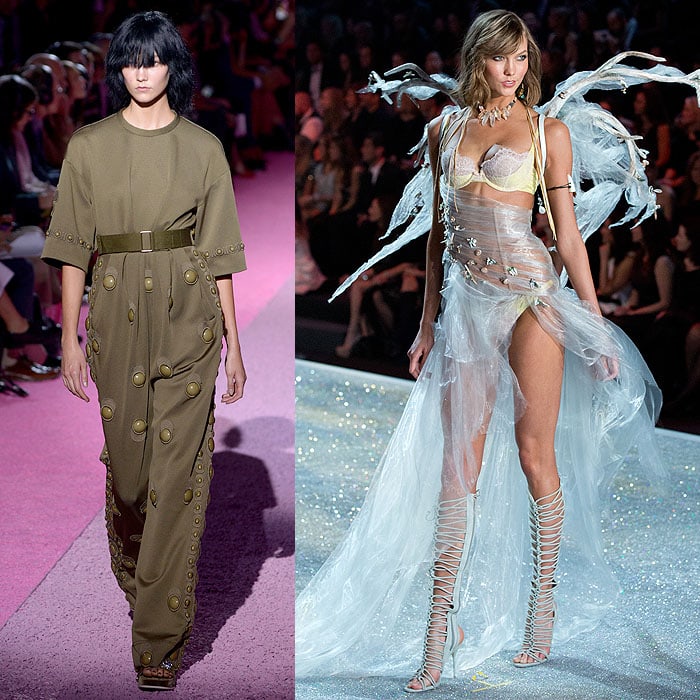 Karlie Kloss’s stunning shift from Marc Jacobs’ structured, military-inspired jumpsuit to her ethereal, angelic look on the Victoria’s Secret runway