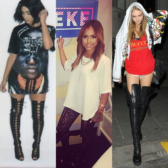 Kim Kardashian's Instagram pic from her Hype Energy USA shoot posted on August 18, 2014; Karrueche Tran's Instagram pic from her guesting on the Just Keke show posted on July 9, 2014; Cara Delevingne heading to a house party at a private residence in Notting Hill, London, England, on February 16, 2013