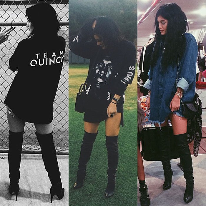 Kylie Jenner wearing oversized tops with thigh-high boots in Instagram snaps posted on July 20, August 8, and September 6, 2014