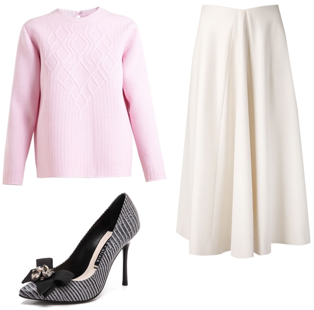 N˚21 patterned knit sweater paired with Jil Sander draped asymmetric skirt and alice + olivia Dana bow pumps for an elegant, autumn-inspired look