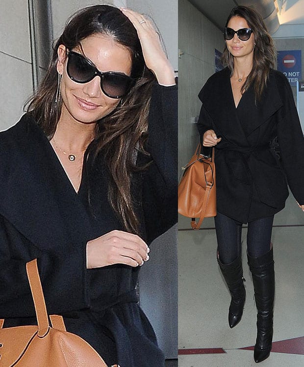 Lily Aldridge wears Jennifer Meyer's yellow gold & diamond D pendant necklace at Los Angeles International Airport