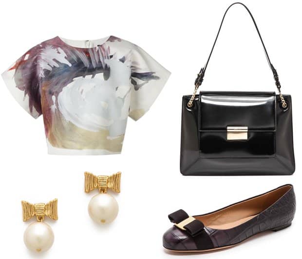 MSGM Painterly Print Top, Salvatore Ferragamo Varina Croc Embossed Flats, Jason Wu Christie Shoulder Bag, and Kate Spade New York All Wrapped Up Drop Earrings